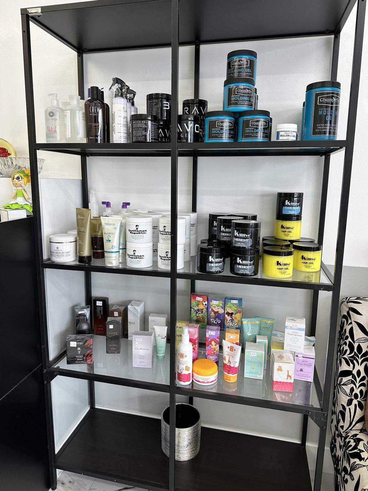 Shelf of professional hair products